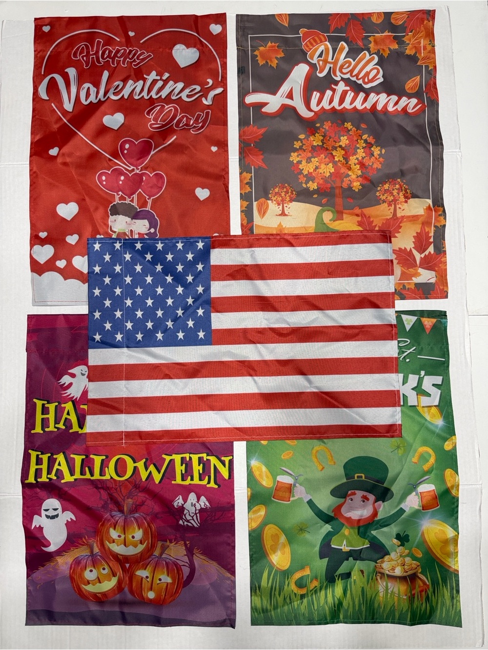Holiday Garden Flag Set with American Flag - Red, Blue, Green, Orange, Purple